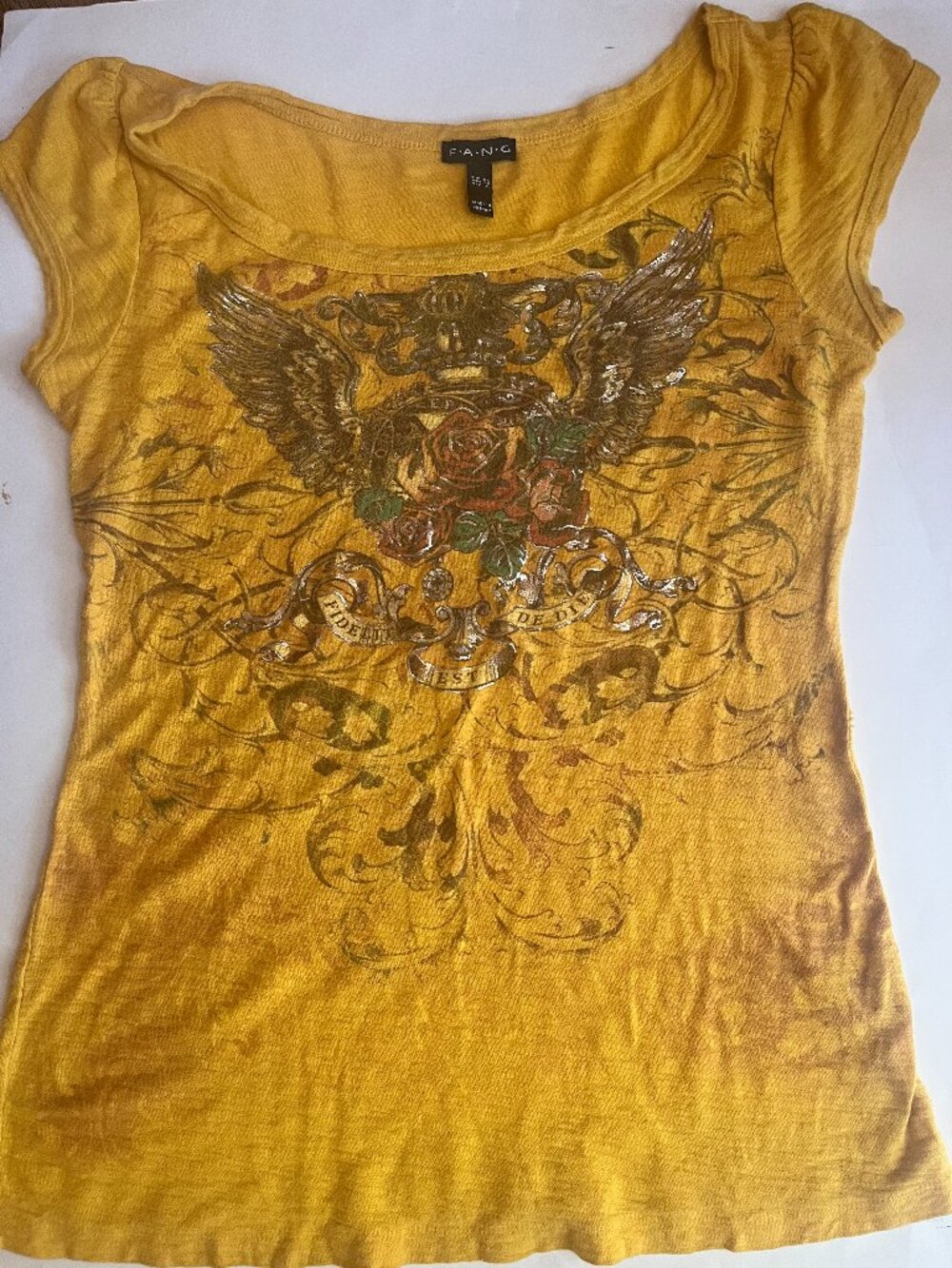 vintage FANG yellow  eagle/rose graphic  Round Neck Cap Sleeve Stretch XL